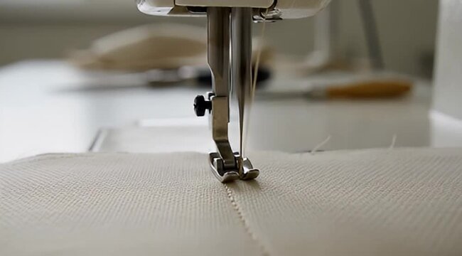Closeup shot of sewing machine stitching beige fabric with white thread