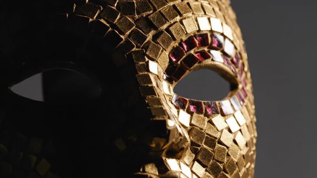 Close Up of Golden Mosaic Mask with Red Ruby Tiles on Dark Background