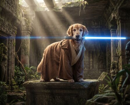 Golden Retriever Jedi Knight Guardian in Ancient Temple Ruins, Holding Lightsaber