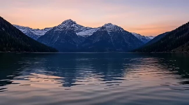 Serene lake reflects snowcapped mountains at dusk, surrounded by dark green forests