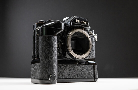 Gothenburg, Sweden - november 15 2023: Nikon film camera with vertical grip dramatic studio lighting.