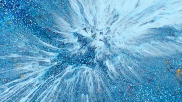 Blue Abstract Paint Explosion With Glitter Texture, White Fluid Streaks and Cosmic Effect