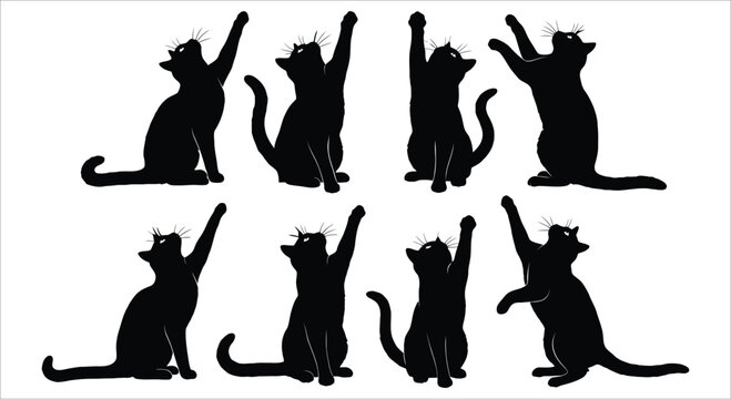 A collection of playful black cat silhouettes with paws raised in various poses