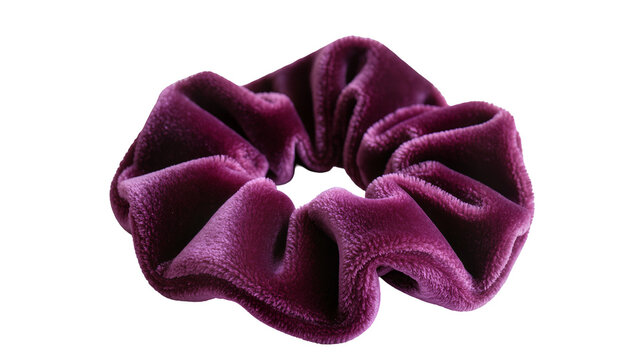 Luxurious deep purple velvet scrunchie, a soft and plush hair accessory isolated PNG on transparent background for fashion and beauty projects