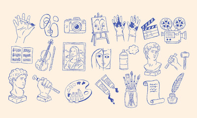 Whimsical Fine Art Sketches and Icons. ​Hand Drawn Art Supplies and Classic Masterpiece Doodles. Charcoal Style Set with Sculpture, Painting, and Music Icons. © Irnan