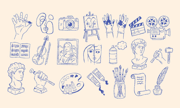 Whimsical Fine Art Sketches and Icons. ​Hand Drawn Art Supplies and Classic Masterpiece Doodles. Charcoal Style Set with Sculpture, Painting, and Music Icons.