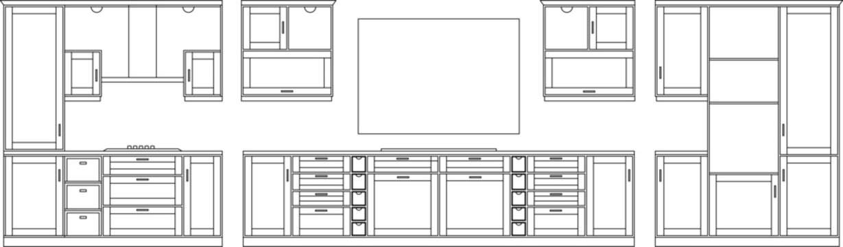 Technical architectural plan and elevation drawings showing various kitchen cabinet layouts, appliances, sinks and storage configurations.
