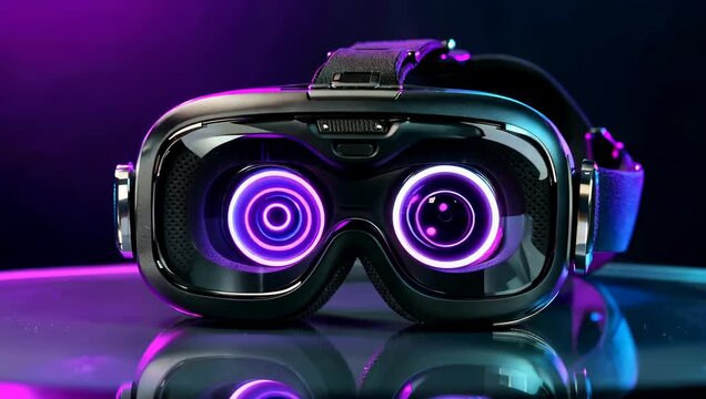 Modern VR headset with glowing lenses in immersive gaming technology environment