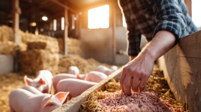 Worker Feeding Piglets in Livestock Pen at Sunrise on Farm