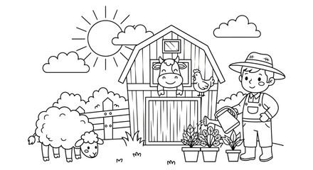 Sunny rural farm scene with a farmer beside a barn and crops.