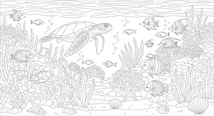 Fototapeta premium Intricate undersea scene featuring fish, corals, and seaweed in a detailed line drawing for coloring.