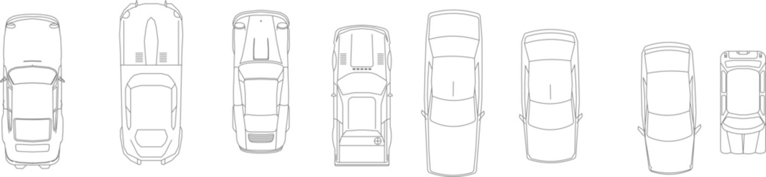 Technical architectural plan view drawing showing various vehicle types including sedans, SUVs, vans and bus for parking design and site planning layouts.