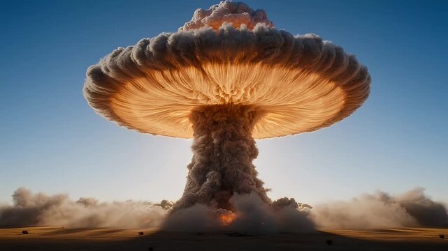 Nuclear explosion mushroom cloud in desert, massive atomic blast with smoke and dust, cinematic war disaster scene with fiery shockwave