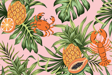 Orange, papaya fruit, pineapple, lobster, crab, palm leaves seamless pattern. Summer tropical exotic print.  © good_mood