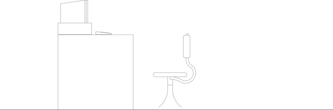 Technical architectural elevation drawing showing modern office workspace with desk, computer monitor and contemporary cantilever chair with curved base design.