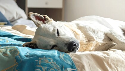 Obraz premium White dog sleeping on bed peacefully.