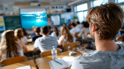 Fototapeta premium Students watch a presentation about underwater life in a classroom during a school day in the afternoon