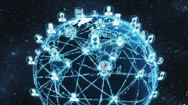 Global digital network showcasing worldwide connectivity, illustrating the dynamic flow of information, social interactions, and technological advancements across the planet