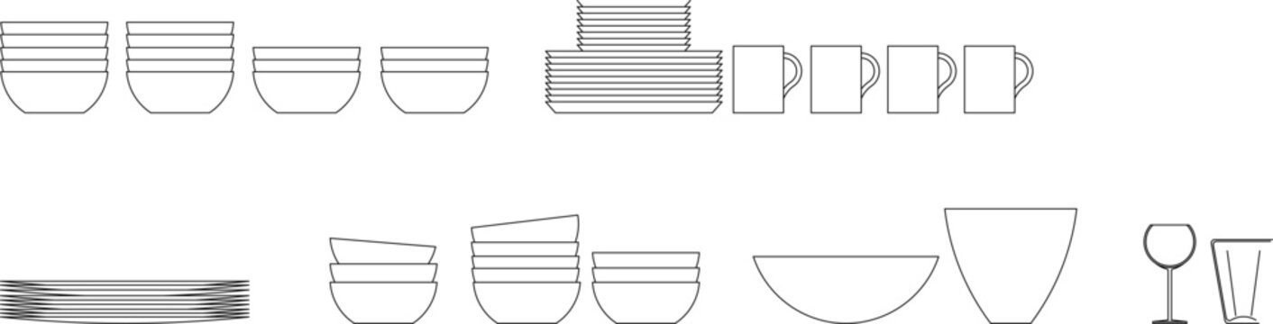 Technical drawing showing various kitchenware and tableware including bowls, plates, mugs, cups, wine glass and drinking glasses in elevation view