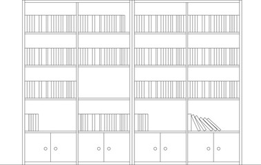 Technical architectural elevation drawing showing built-in bookshelf units with multiple shelves filled with books and cabinet storage at the bottom. © Riki