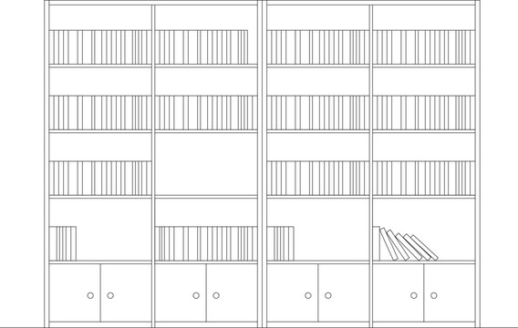 Technical architectural elevation drawing showing built-in bookshelf units with multiple shelves filled with books and cabinet storage at the bottom.