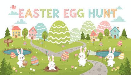 Rabbits participate in colorful Easter egg hunt in a vibrant village landscape