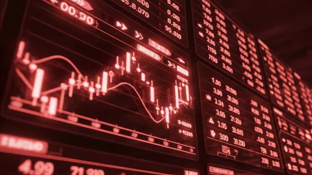 Red digital stock market display showing financial charts and declining data, reflecting a mood of crisis and potential bankruptcy.