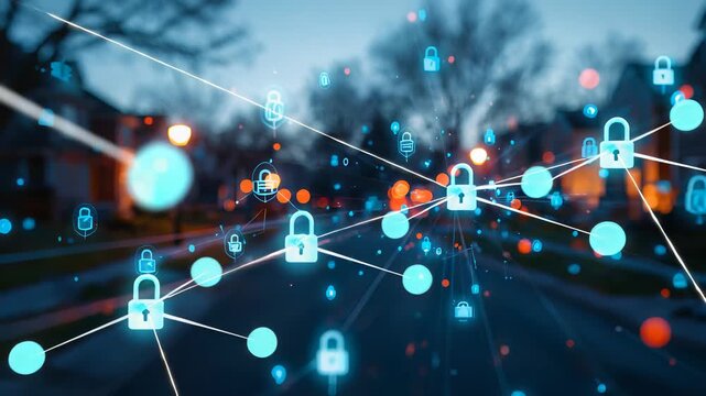 Glowing padlock icons and connected nodes over a blurred road with cars and buildings at dusk
