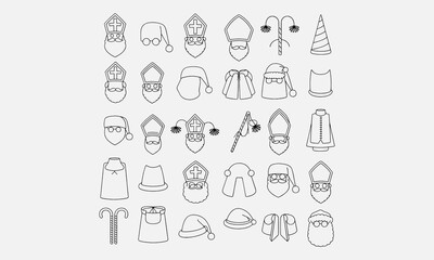 A collection of traditional Saint Nicholas and Sinterklaas costume elements and festive accessories line art icons, vector and illustration