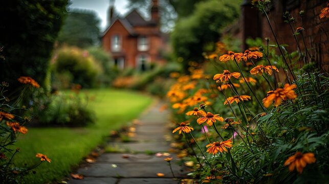 Garden path leads to a rustic brick house nestled among colorful orange blooms.