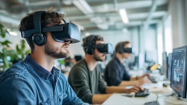 Men wearing virtual reality headsets working at computer. Team of developers testing metaverse application. Future professional technology in modern open space office.