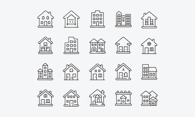Fototapeta premium Building Web Icon Set in Line Style. Collection of House Linear Icons, Including city, office, house, skyscraper, bank, school, hotel, shop, university, hospital, church, mosq