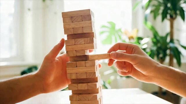 Man and woman playing wooden block tower game. Players carefully removing piece from stack. Concentration leisure activity and challenge strategy skill concept.