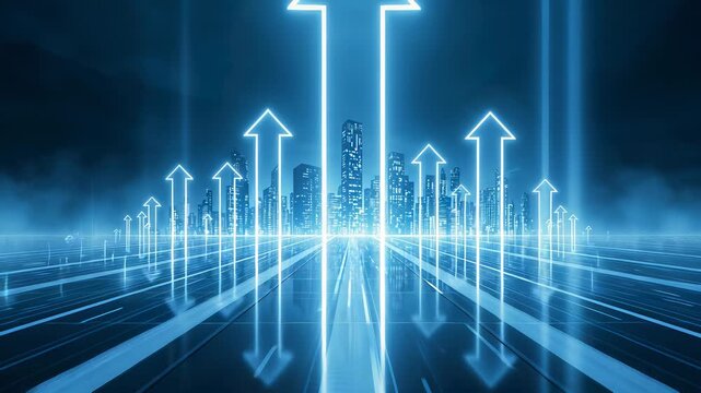 Glowing blue arrows rising from reflective grid lines through mist against a dark digital background