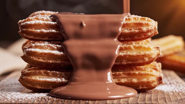Chocolate sauce pouring over churros with powdered sugar