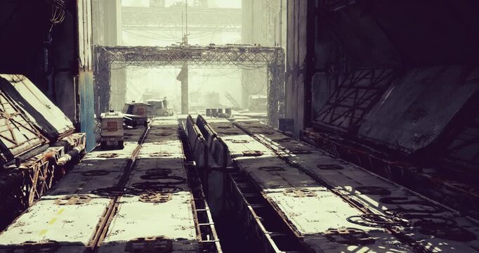 empty industrial cargo terminal with rails and cranes, gritty concrete floor lined with maintenance tracks, scattered containers and service vehicles, high