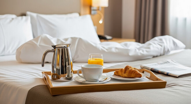Appetizing room service breakfast on comfortable hotel bed, wooden tray holds croissant, fresh orange juice, coffee carafe. Complete room service breakfast setup with newspaper.