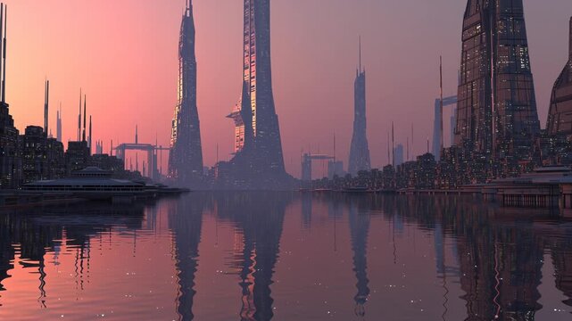 Futuristic Cityscape at Sunset with Towering Glass Skyscrapers Reflected in Calm Pink Water