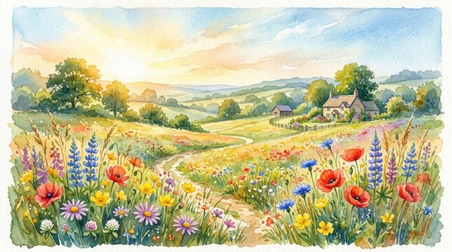 Vibrant watercolor landscape with a winding path through wildflower fields leading to a countryside cottage