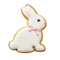 Cookie in shape of Easter bunny symbol decorated with icing, isolated on transparent background. Easter baking and children parties in spring, cooking workshop for kids on spring break