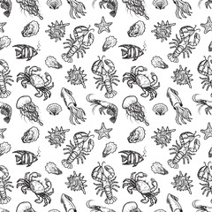 Fototapeta premium Seamless pattern with marine animals - lobster, jellyfish, shrimp, crab, squid, oyster in black brush stroke texture isolated on white. Hand drawn vector sketch illustration in vintage charcoal ink