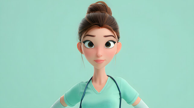 3D semi-real cartoon female surgeon wearing fitted scrubs and gloves. Hair tied back neatly. Calm focused expression. Solid soft mint background.
