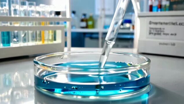 Chemical reaction bubbles forming in sterile lab petri dish under bright clinical lighting
