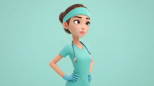 3D semi-real cartoon female surgeon wearing fitted scrubs and gloves. Hair tied back neatly. Calm focused expression. Solid soft mint background.