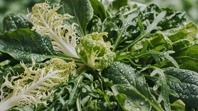 Close-up of vibrant fresh mixed salad greens with water drops