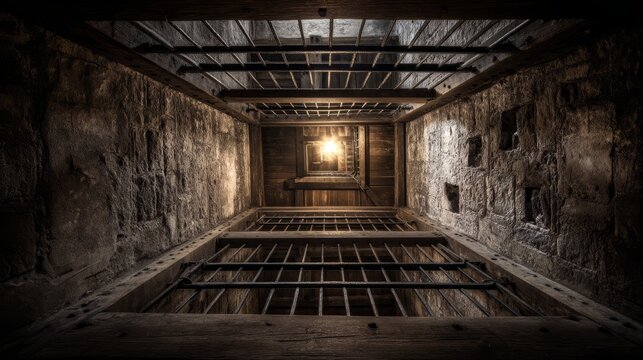 Historic Stone Prison Tower with Dark Shaft and Grate Ceiling View