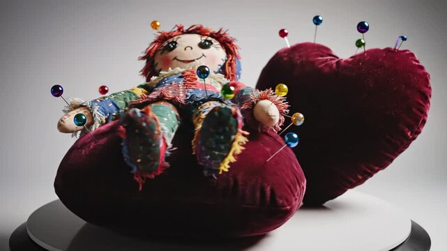 Close Up of Patchwork Voodoo Doll Rotating on Velvet Cushion Stuck with Pins
