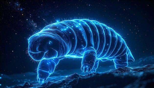 "Glowing blue tardigrade in cosmic background, symbolizing resilience, survival, and extremophile biology."