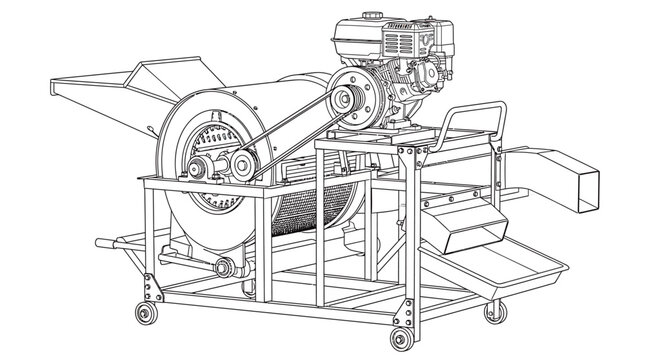 Detailed technical drawing of a grain thresher machine with an engine.