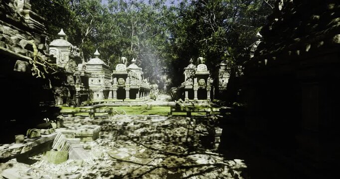 Symmetrical shrines clustered on mossy lawn with carved niches and small towers, dappled canopy light creating geometric patterns and calm ritual atmosphere